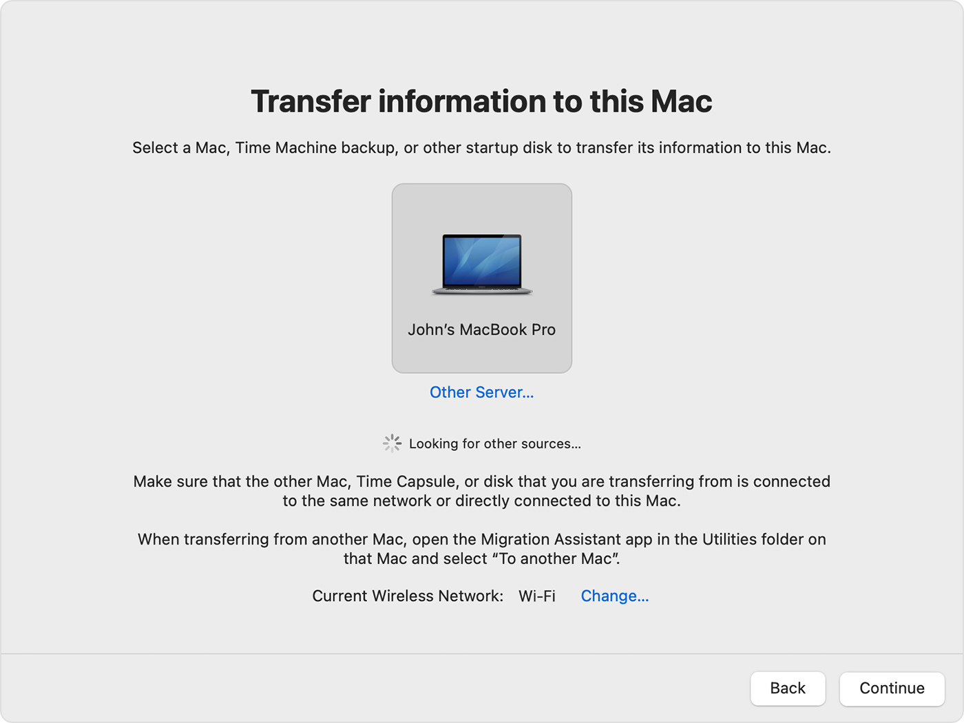 Now, on your new Mac, select the other Mac option, then click Continue. 