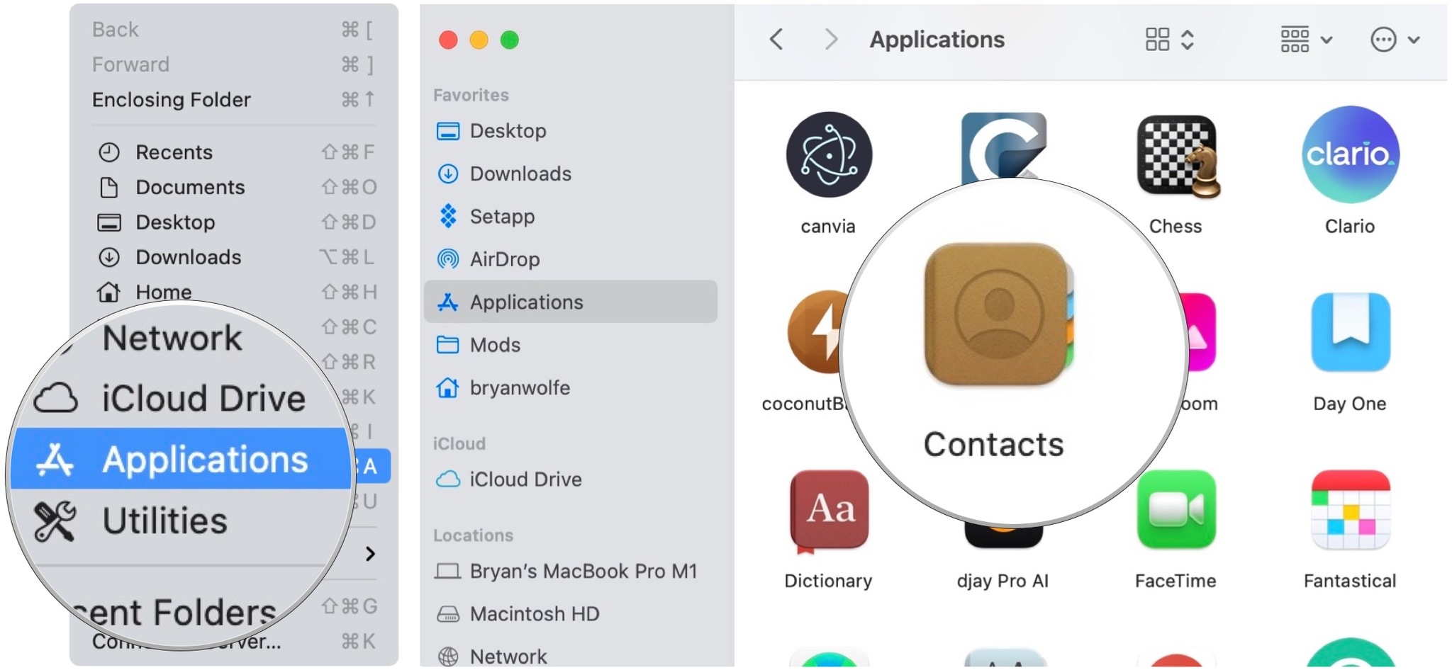 To make an RTT call on Mac, select Applications, then Contacts.