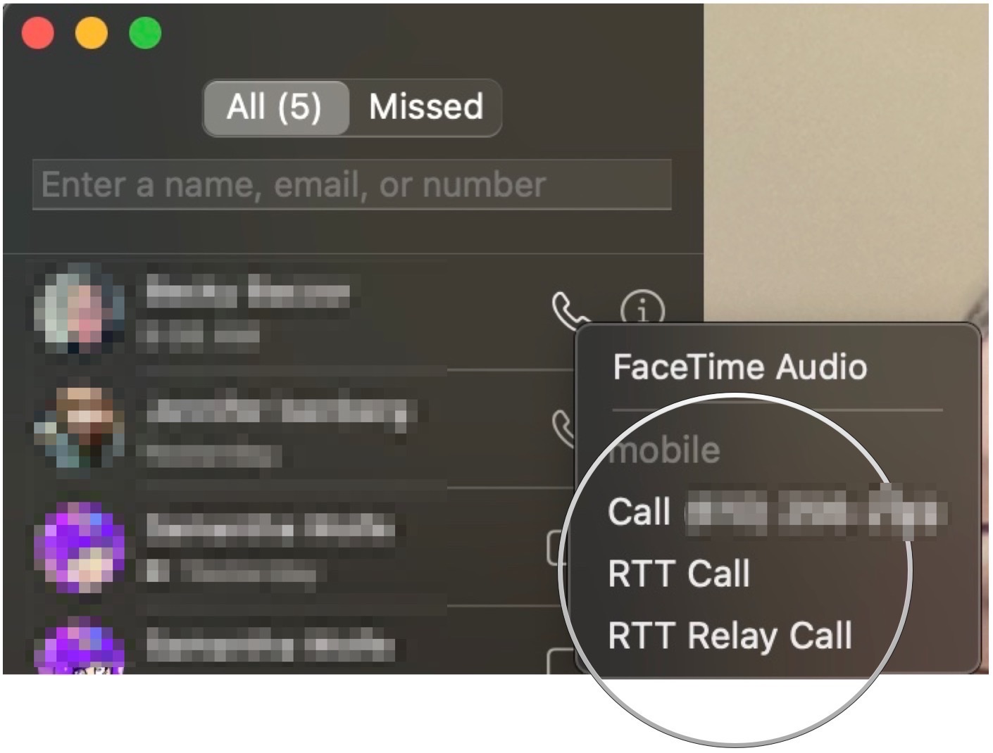 To make an RTT call on Mac, click the audio button next to the contact or after entering a phone number. Choose RTT Call or RTT Relay Call.