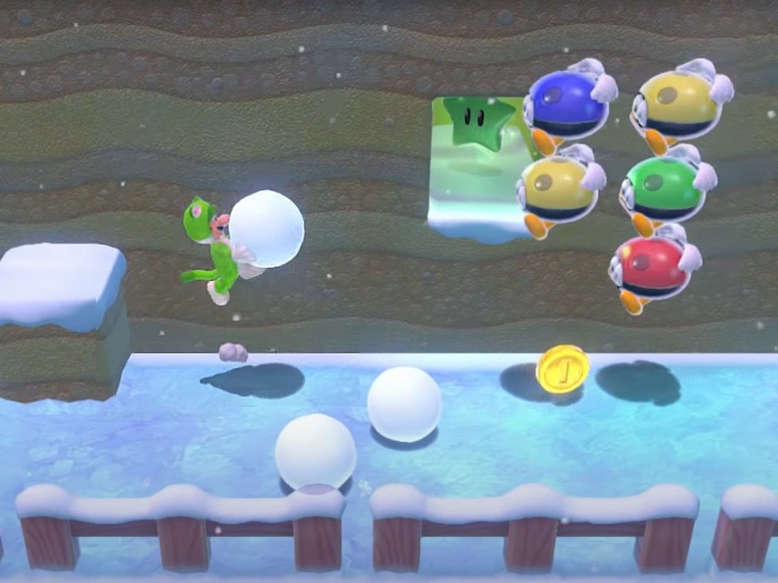 Super Mario 3D World Luigi throwing snowballs at Biddybud enemies