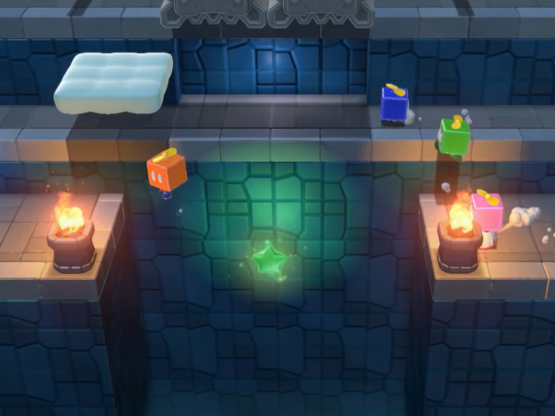 Super Mario 3D World characters using Propeller Boxes to get a Green Star