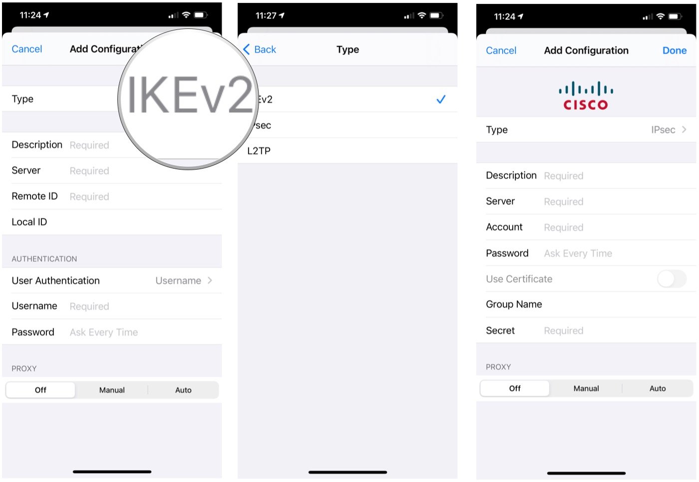 To manually configure a VPN on your iPhone or iPad, tap Type, and select your type of connect. You should also add the VPN settings information, authentication login, and whether you use a proxy. Tap Done. Under VPN Configurations, toggle the Status switch on.