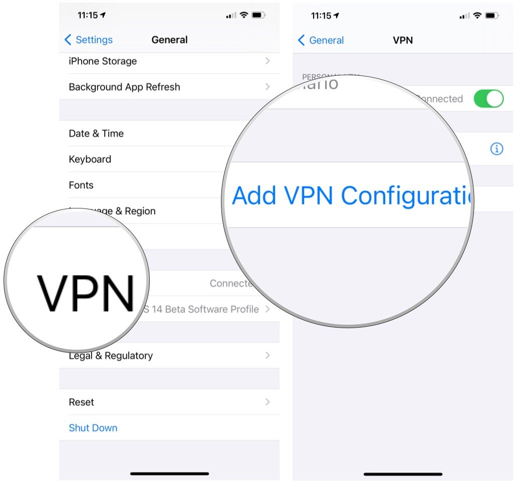 To manually configure a VPN on your iPhone or iPad, tap VPN, then Add VPN Configuration.