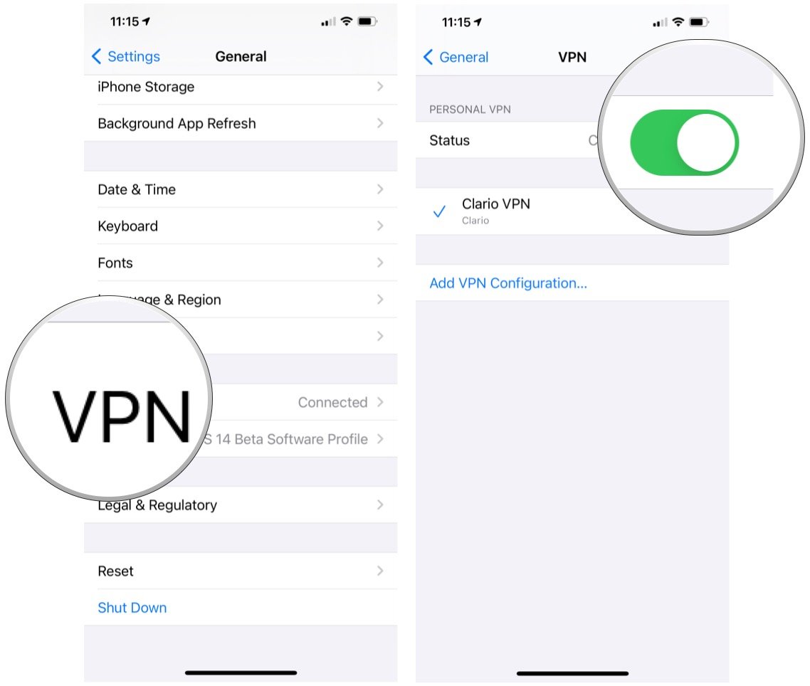 Чтобы настроить VPN на iPhone или iPad, выберите свою VPN.  Включите переключатель состояния.