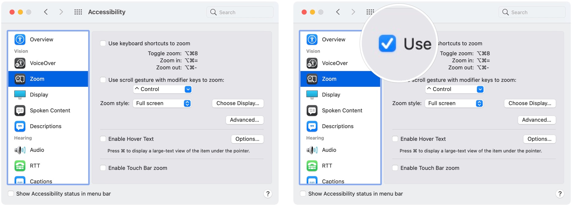 To enable shortcuts for Accessibility zoom, click Zoom on the menu on the left, then click the checkbox next to Use keyboard shortcuts to Zoom.
