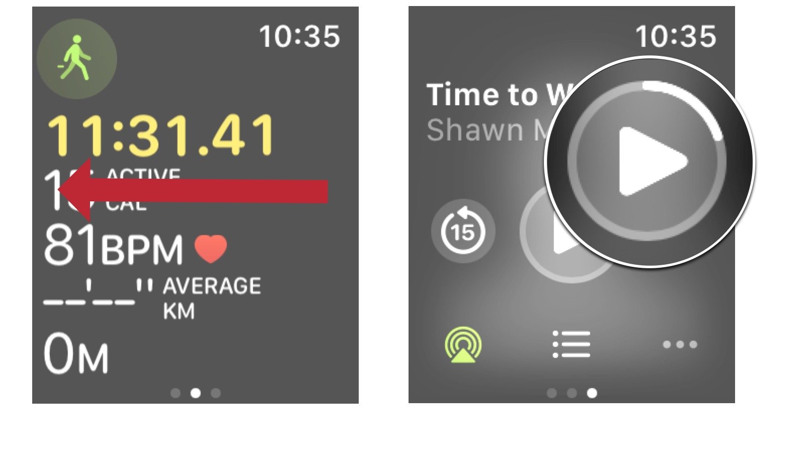 Control Time To Walk Playback: Swipe left on the workout screen and then tap the playback controls you want. 