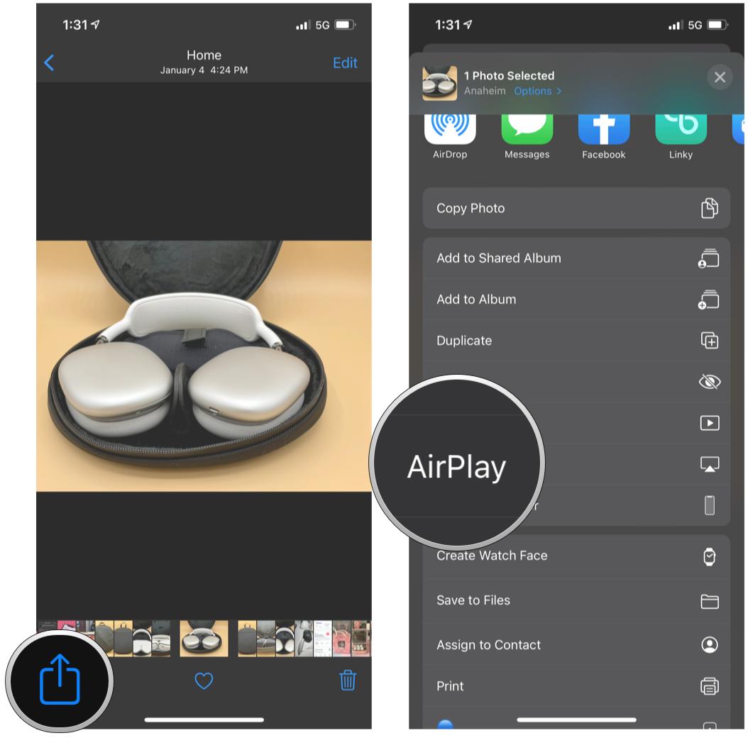 AirPlay photos to your TV from iPhone by showing steps: tap Share, tap AirPlay, then select your Apple TV