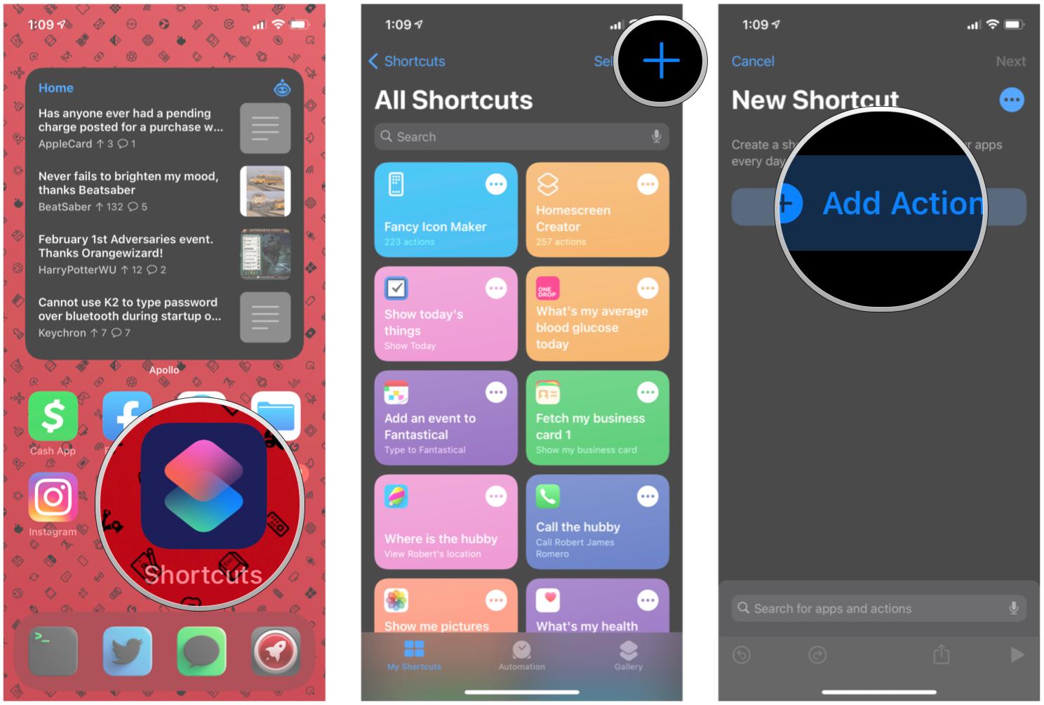 How to customize an app icon in Shortcuts by showing: Launch Shortcuts, tap New Shortcut, tap Add Action