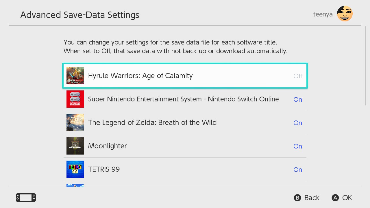Nintendo Switch Cloud Save Data Game List Advanced Settings
