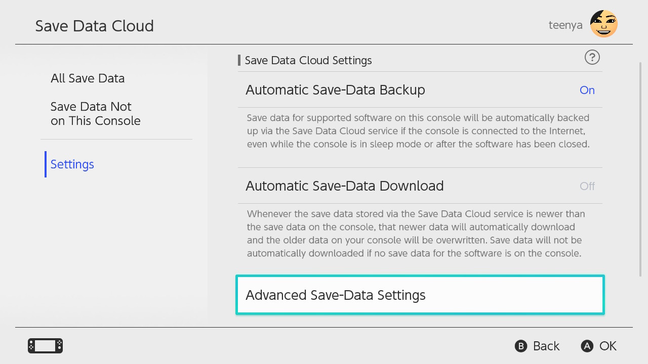 Nintendo Switch Save Data Advanced Settings Menu