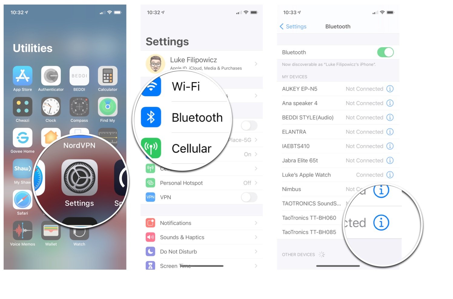 Opening Bluetooth Settings in iOS: Launch Settings from the Home screen, tap Bluetooth, and then tap the information button beside the device you want to classify. 