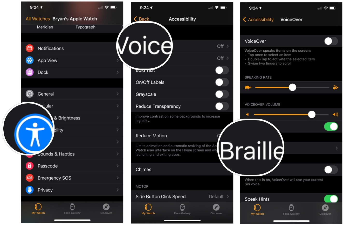 Чтобы использовать дисплей Брайля с Apple Watch, коснитесь приложения Watch и выберите «Специальные возможности».  Выберите закадровый голос в верхней части страницы.