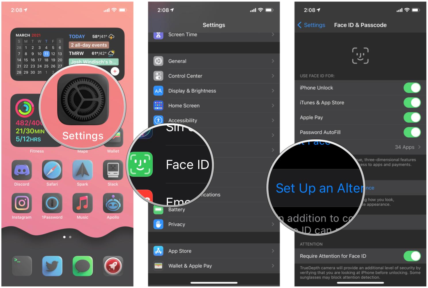 How to set up an alternative apperance or second person to Face ID on iPhone by showing: Launch Settings, tap Face ID & Passcode, input passcode, tap Set Up Alternate Appearance