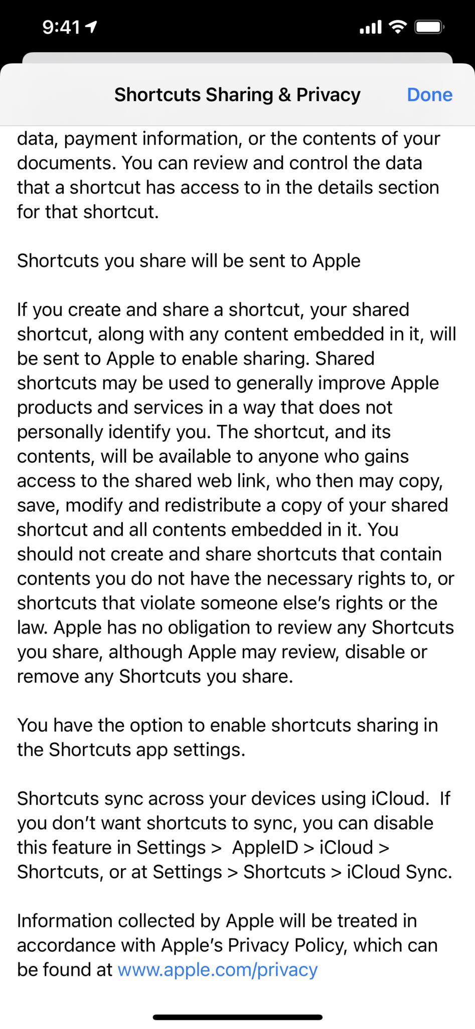 Screenshot showing the second half of the Shortcuts Sharing & Privacy Policy sub-page.