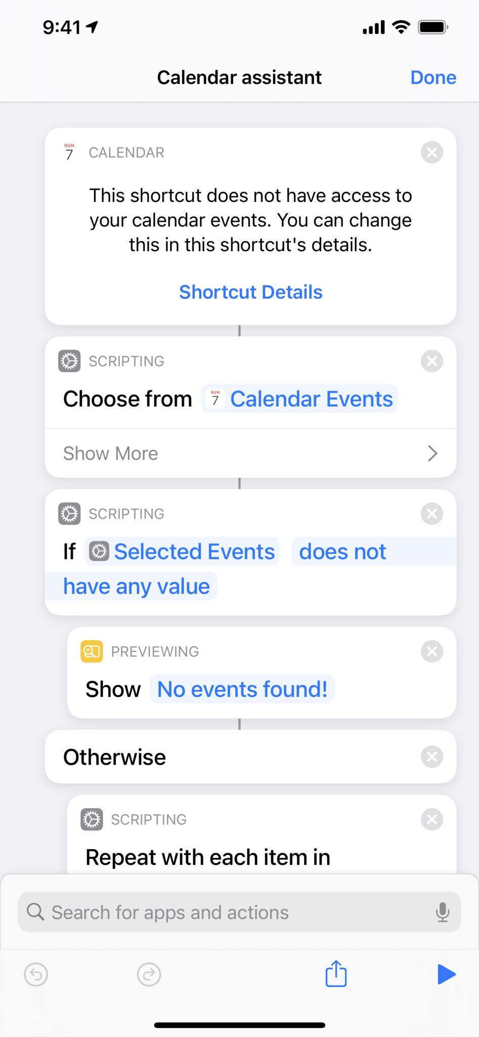 Screenshot of example Calendar Assistant shortcut with a Calendar action that's now available, showing "This shortcut does not have access to your calendar events. You can change this in the shortcut's details."