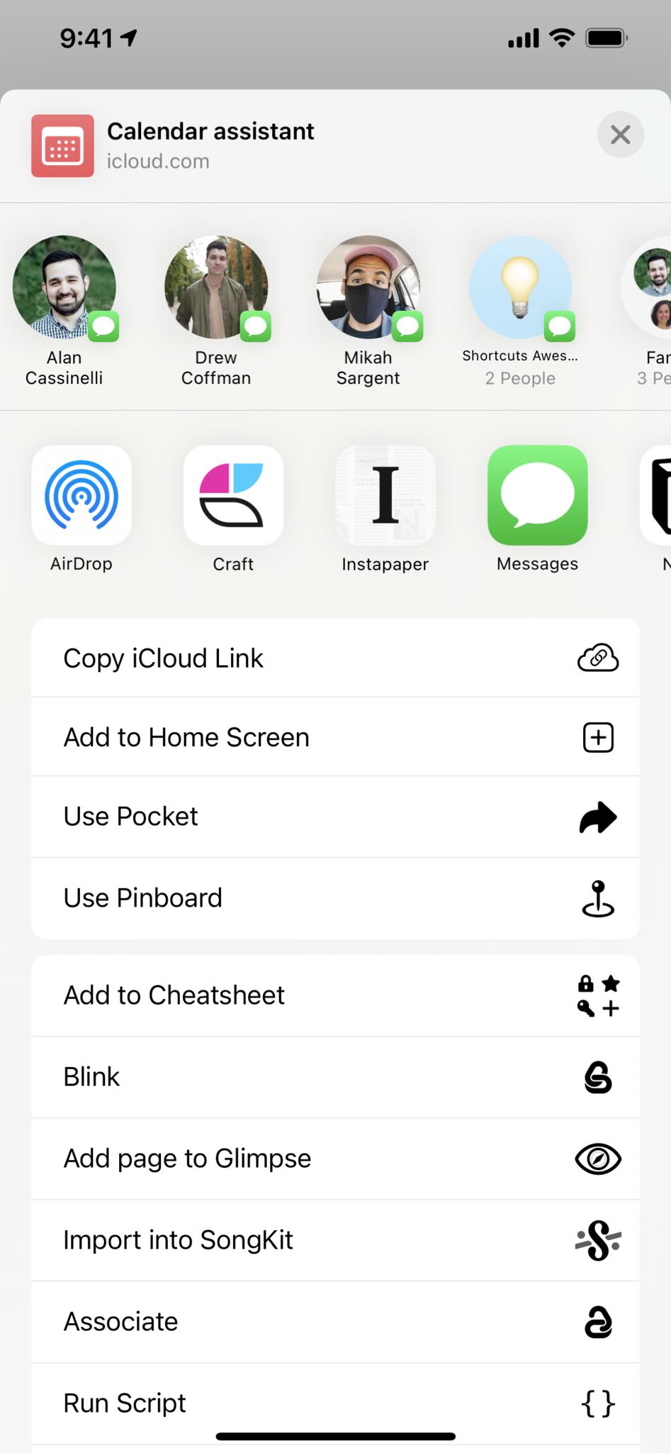 Screenshot showing the Share sheet for the example shortcut, with Copy iCloud Link available the first option.