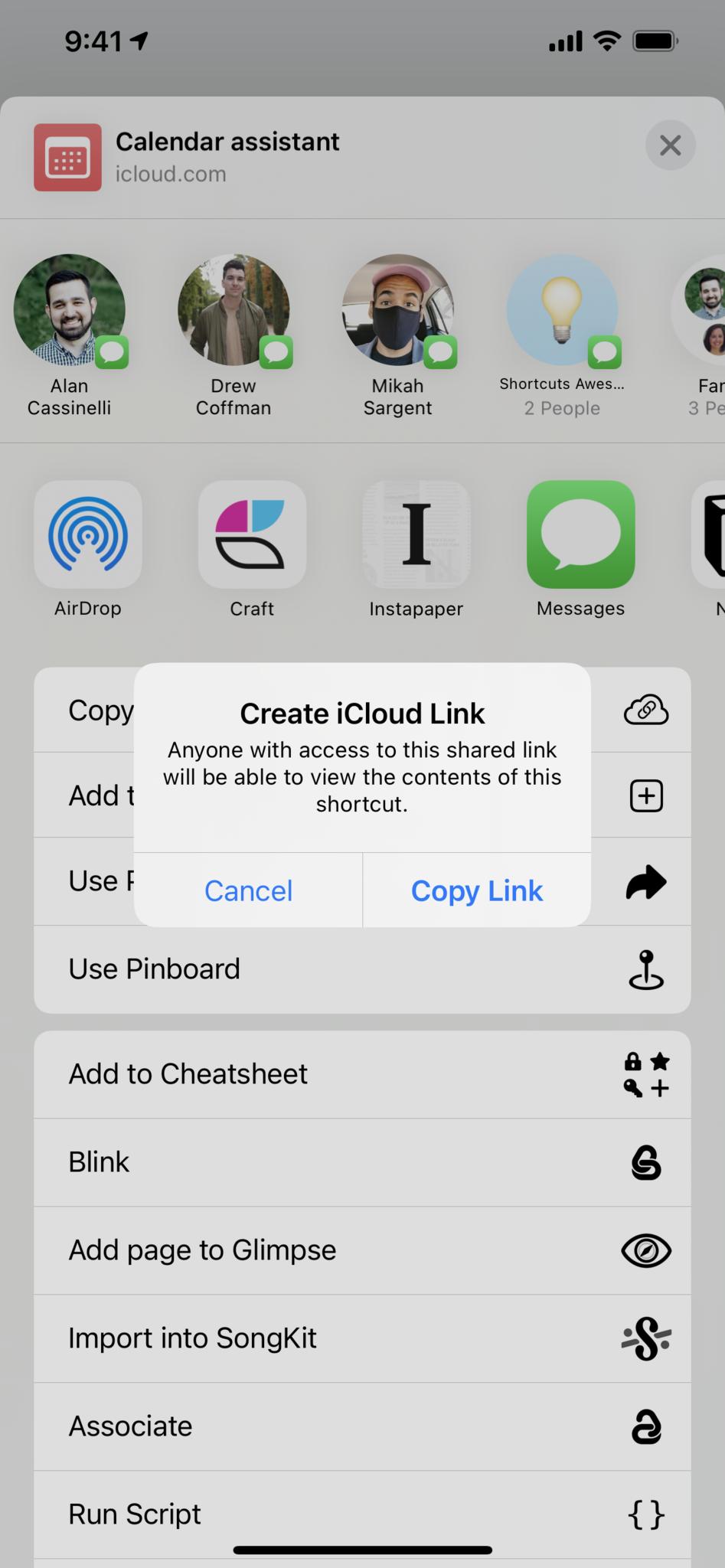 Screenshot of shortcut being shared with dialog for "Create iCloud Link: Anyone with access to this shared link will be able to view the contents of this shortcut."