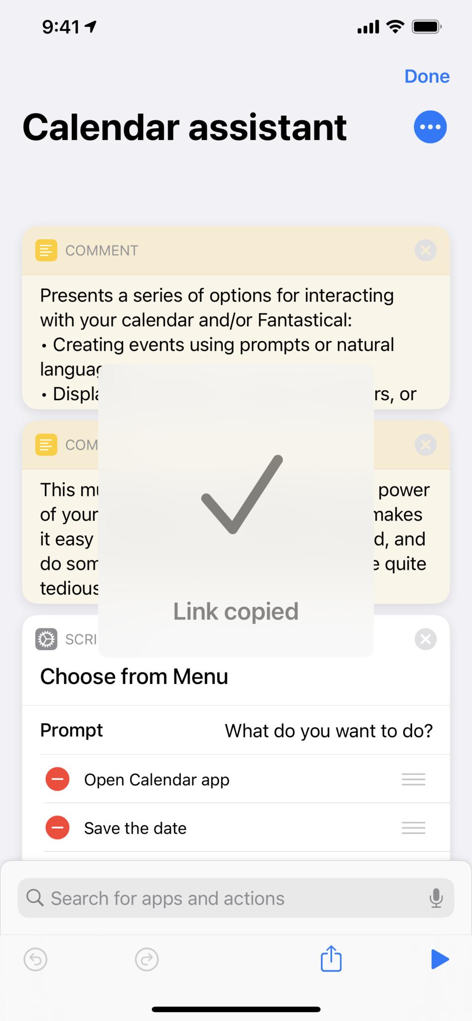 Screenshot showing the shared shortcut with a grey confirmation box that says "Link Copied."