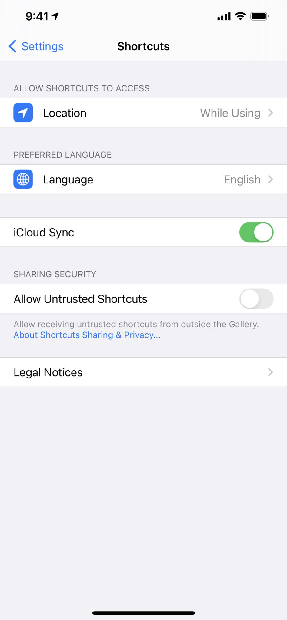 Screenshot showing step 3 of finding the Allow Untrusted Shortcuts toggle: opening into the Shortcuts settings to see the toggle.