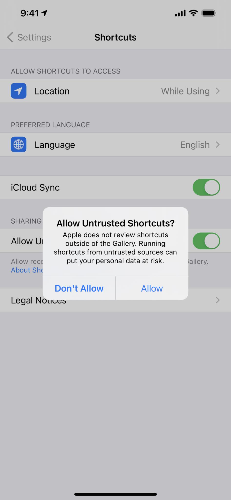 Screenshot showing warning message "Allow Untrusted Shortcuts? Apple does not review Shortcuts outside the Gallery. Running shortcuts from untrusted shortcuts sources can put your personal data at risk." with options for Don't Allow and Allow.