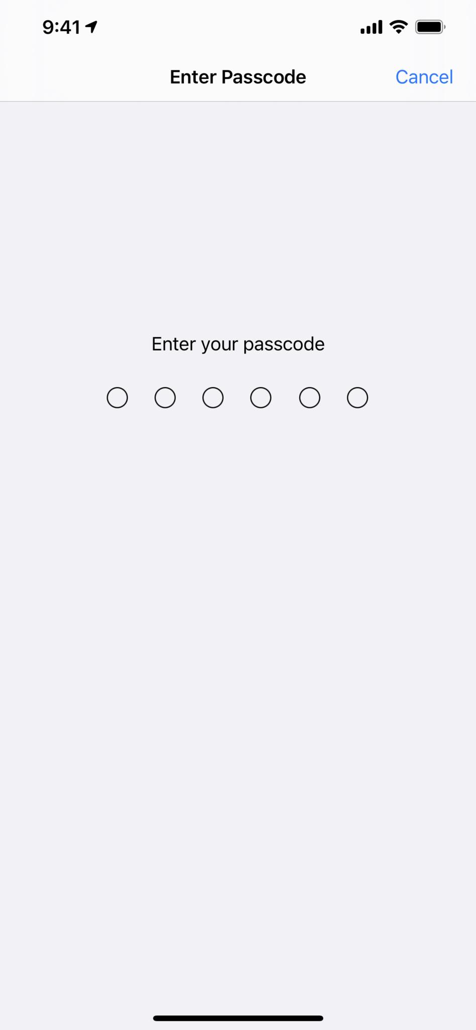 Screenshot showing step after tapping "Allow" for the user to enter in their passcode.