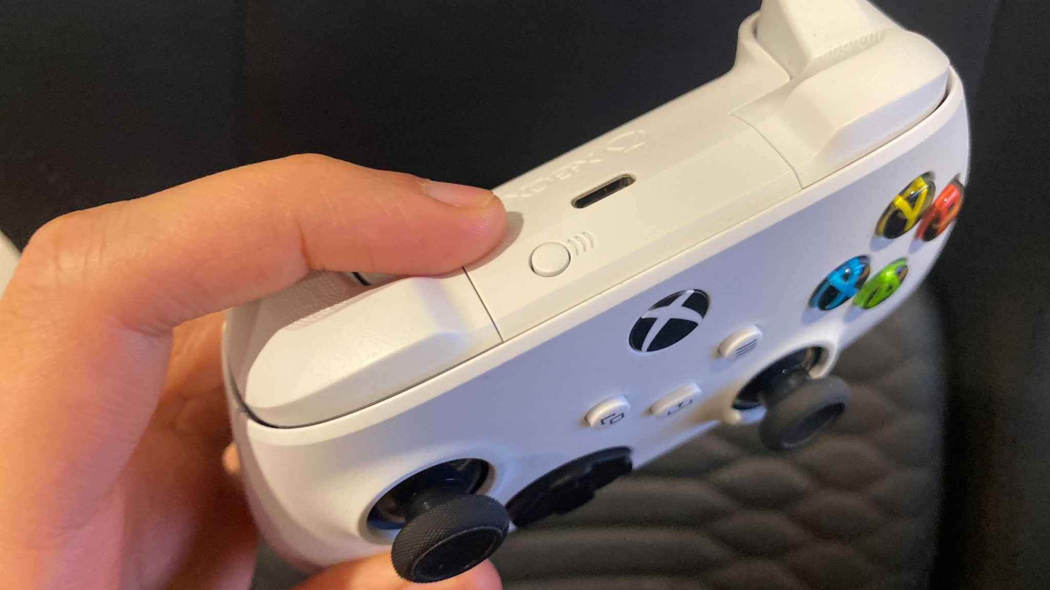 How to use an Xbox One or Series X|S controller with iPhone or iPad: Hold down the pairing button found at the top of the Xbox Controller. 