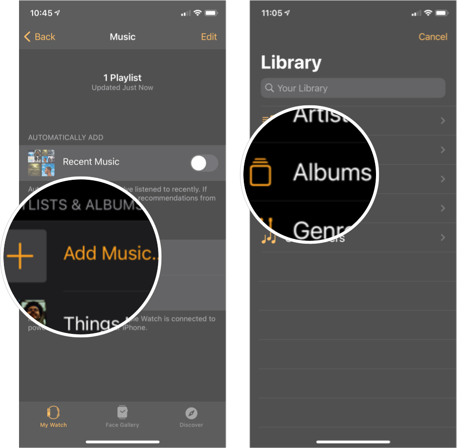 Adding Albums To Apple Watch: Tap Add Music and then tap Albums. 