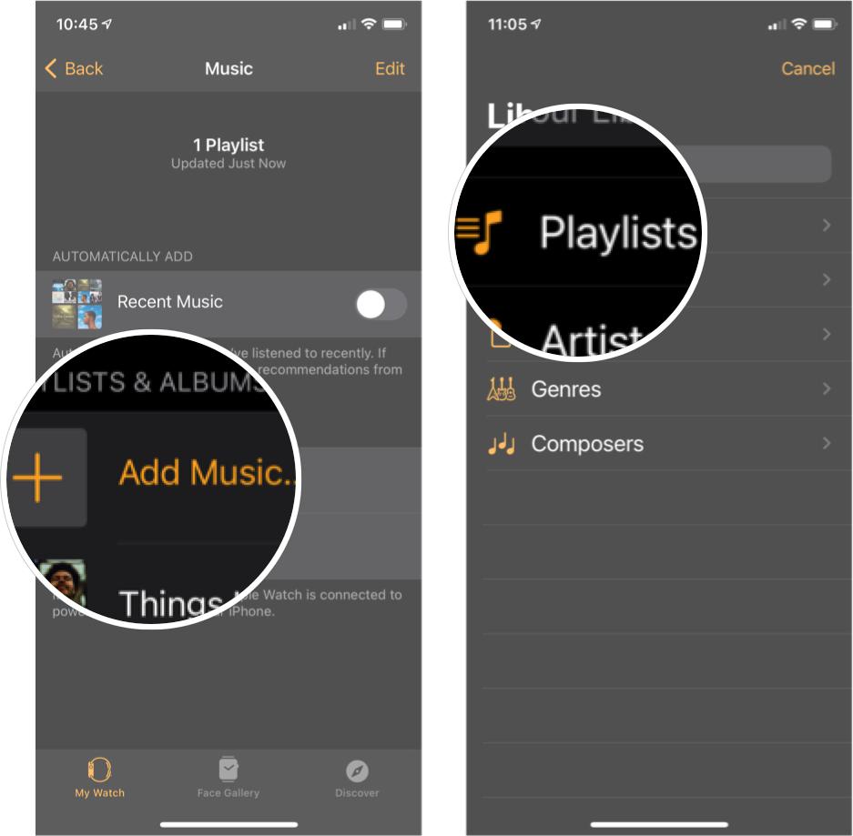 Adding Playlists To Apple Watch: Tap Add Music and then tap playlists.
