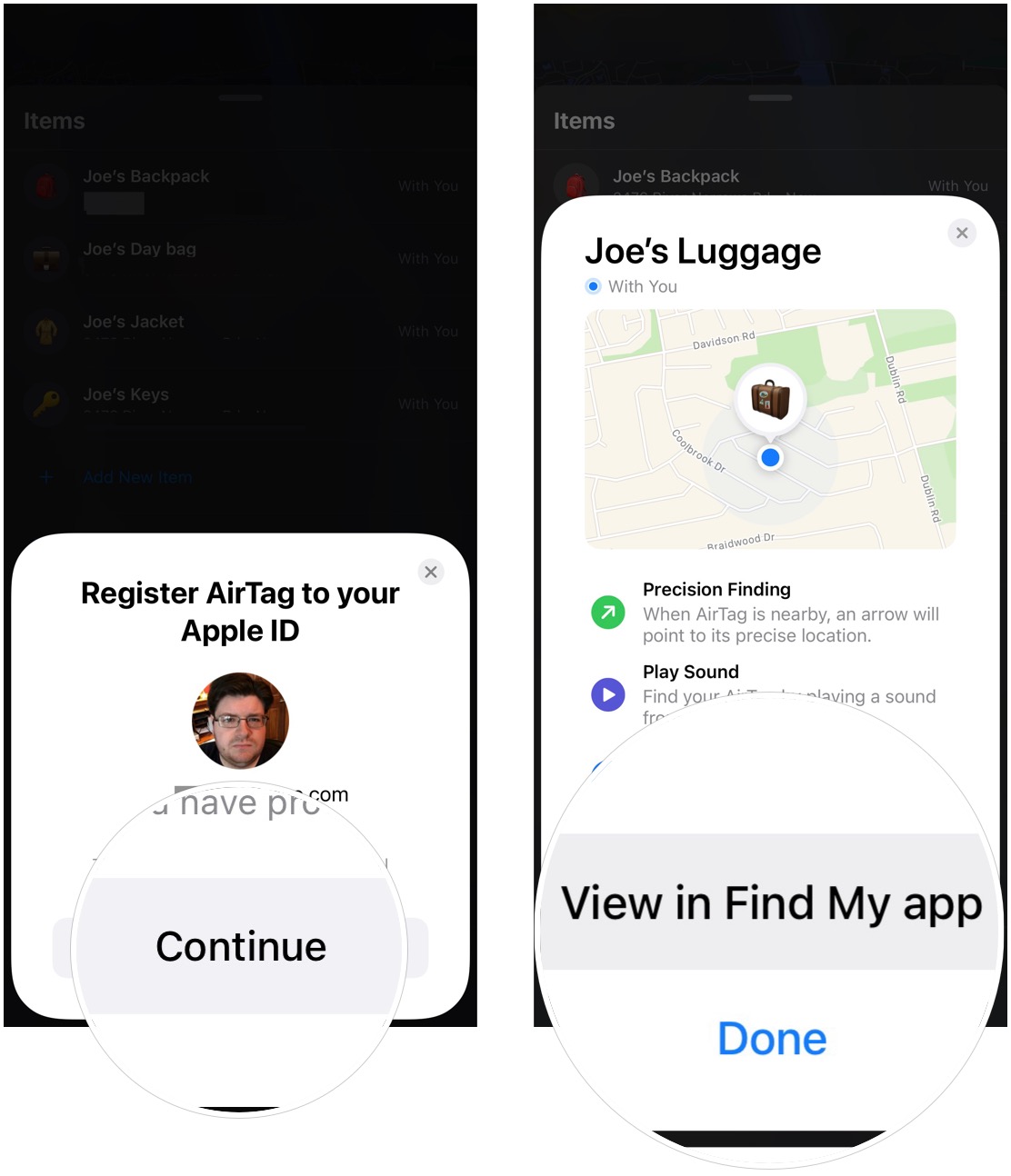 AirTag Find My setup, showing how to tap Continue, then tap View in Find My App or Done