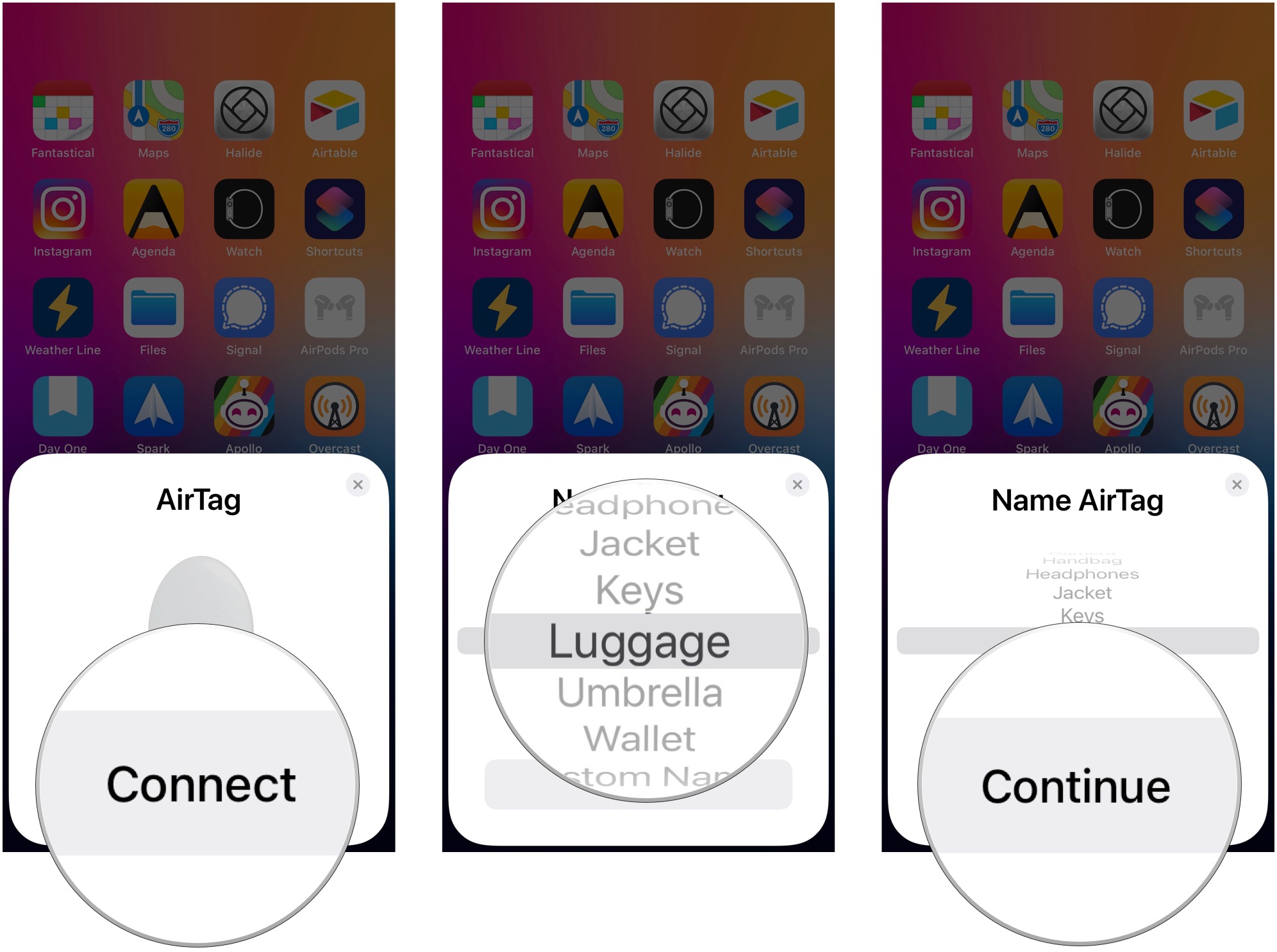 AirTag setup, showing how to tap Continue, pick a name, and tap Continue