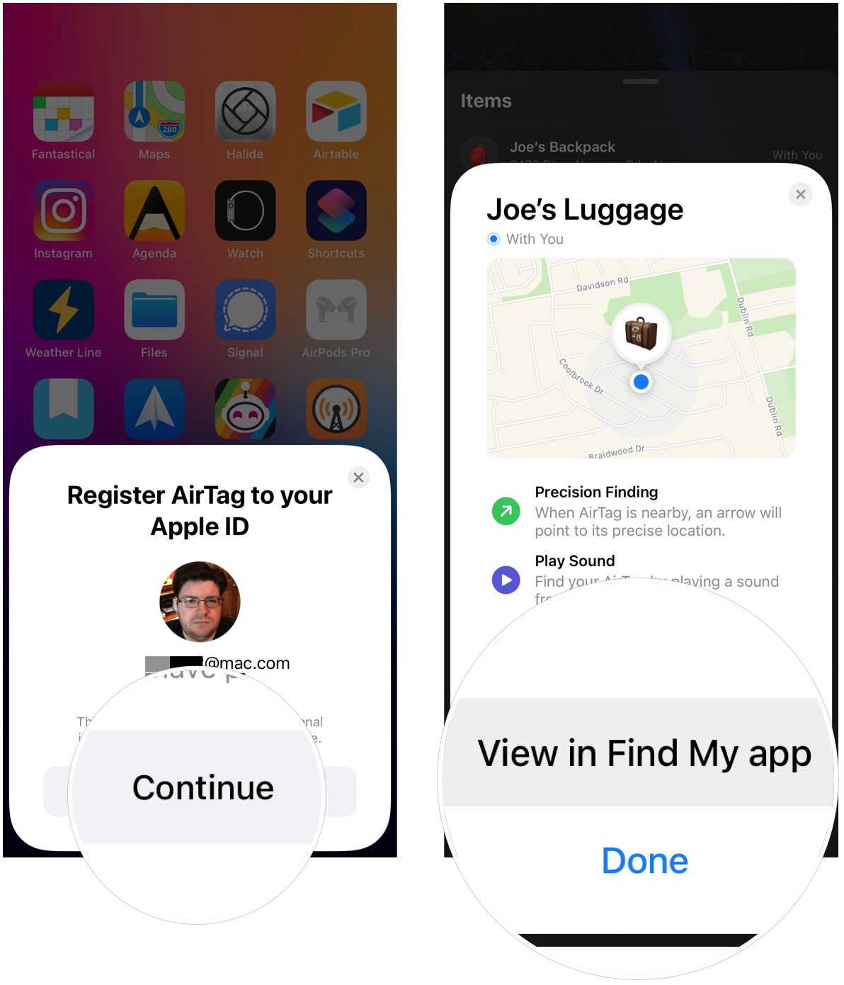 AirTag setup, showing how to tap Continue, then tap View in Find My app or Done
