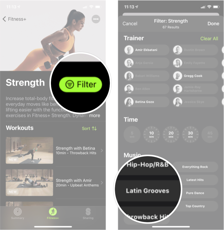 Filter Apple Fitness Plus By Music: Tap filter and then tap the genre of music you want