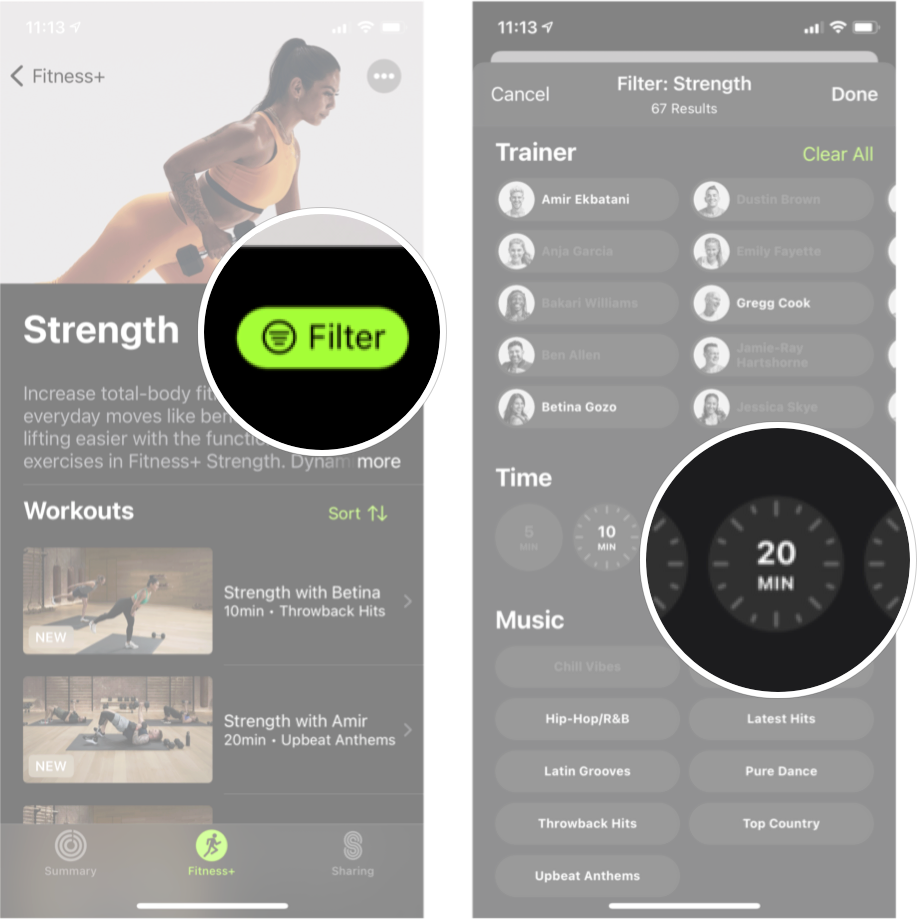 Filter Apple Fitness Plus By Time: Tap filter and then tap the amount of time you want.