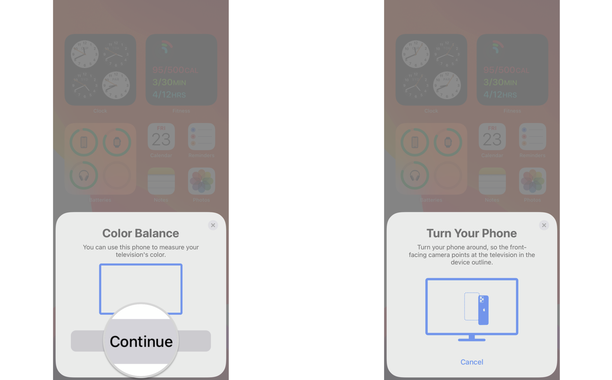 How to calibrate the color on your Apple TV with your iPhone by showing steps: Click Continue on the Color Balance prompt on your iPhone, Turn your iPhone so that the front camera faces your TV