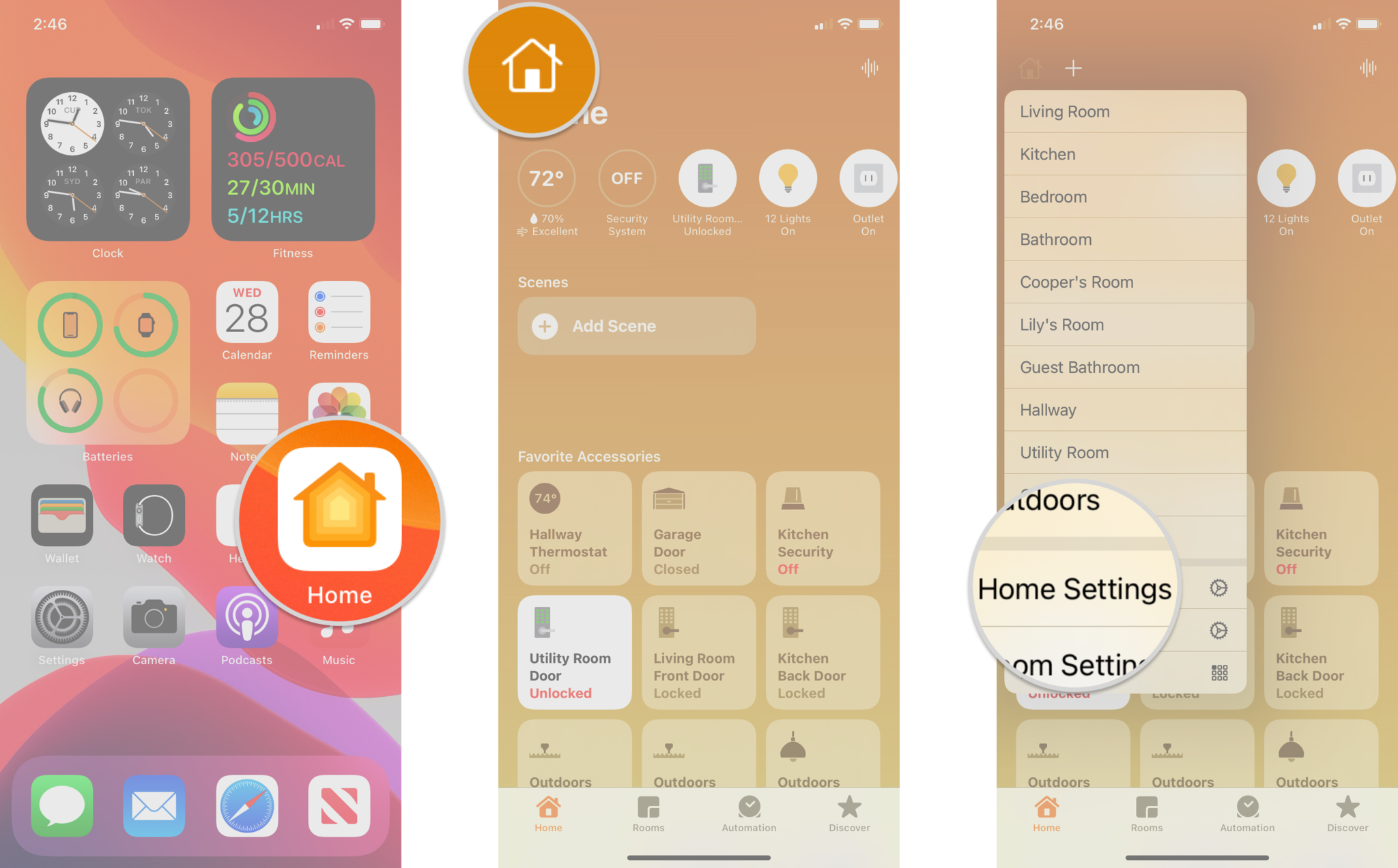 How to enable HomeKit Accessory Security in the Home app by showing steps on an iPhone: Launch the Home app, Tap on the Home icon, Tap Home Settings