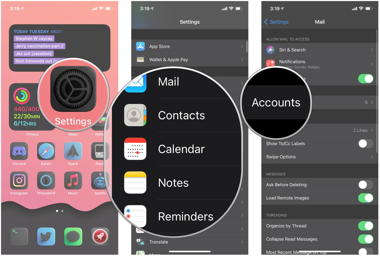 Add a second Apple ID to your iPhone by showing steps: Launch Settings, tap one of the following: Mail, Contacts, Calendar, Notes, or Reminders, then tap Accounts