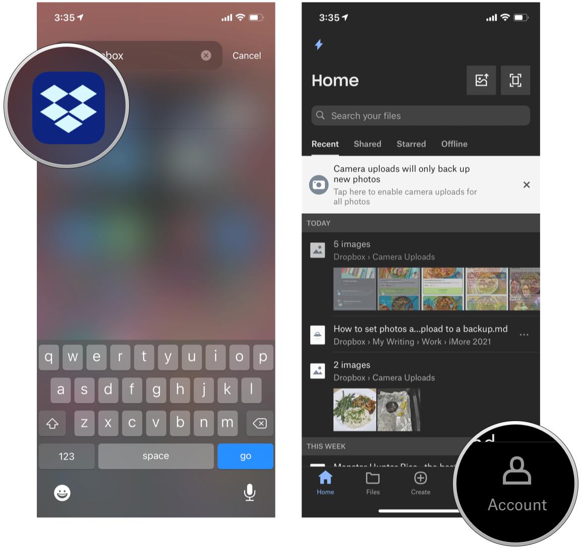 Use Dropbox photo backup by showing launch Dropbox, tap Account