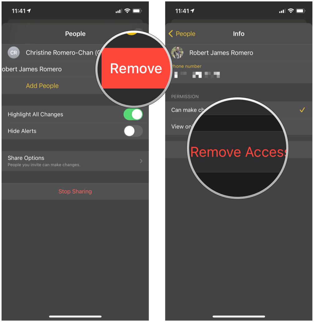Remove individual access to a note on iPhone by showing: Swipe to the left on a name and then tap Remove, or tap the name and then select Remove Access