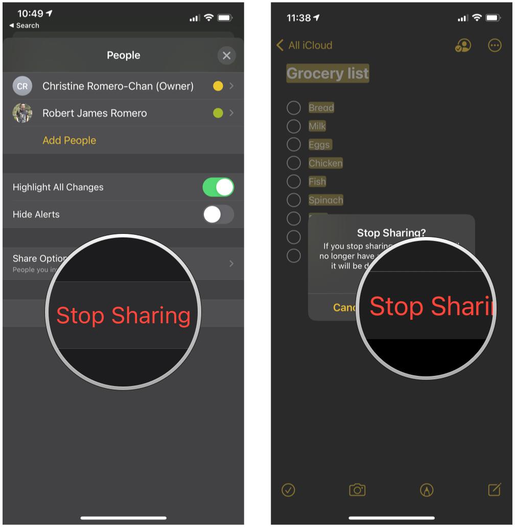 Stop sharing a note on iPhone by showing: Tap Stop Sharing, then tap Stop Sharing again to confirm