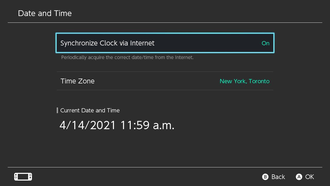 How to change the date and time on your Nintendo Switch step 4 Here, you have two options: You can Synchronize Clock via Internet or adjust the time manually 