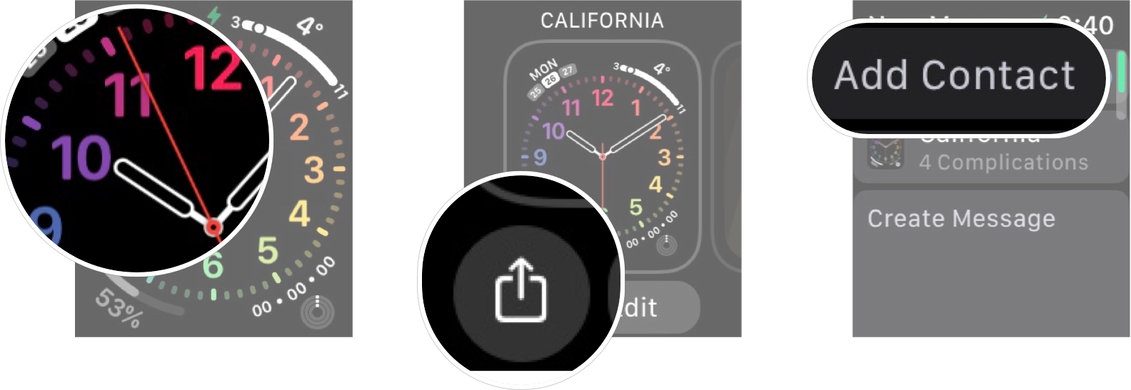 Share A Watch Face On Apple Watch: Long press the watch face you want to share, tap the share button, and then tap add contact.
