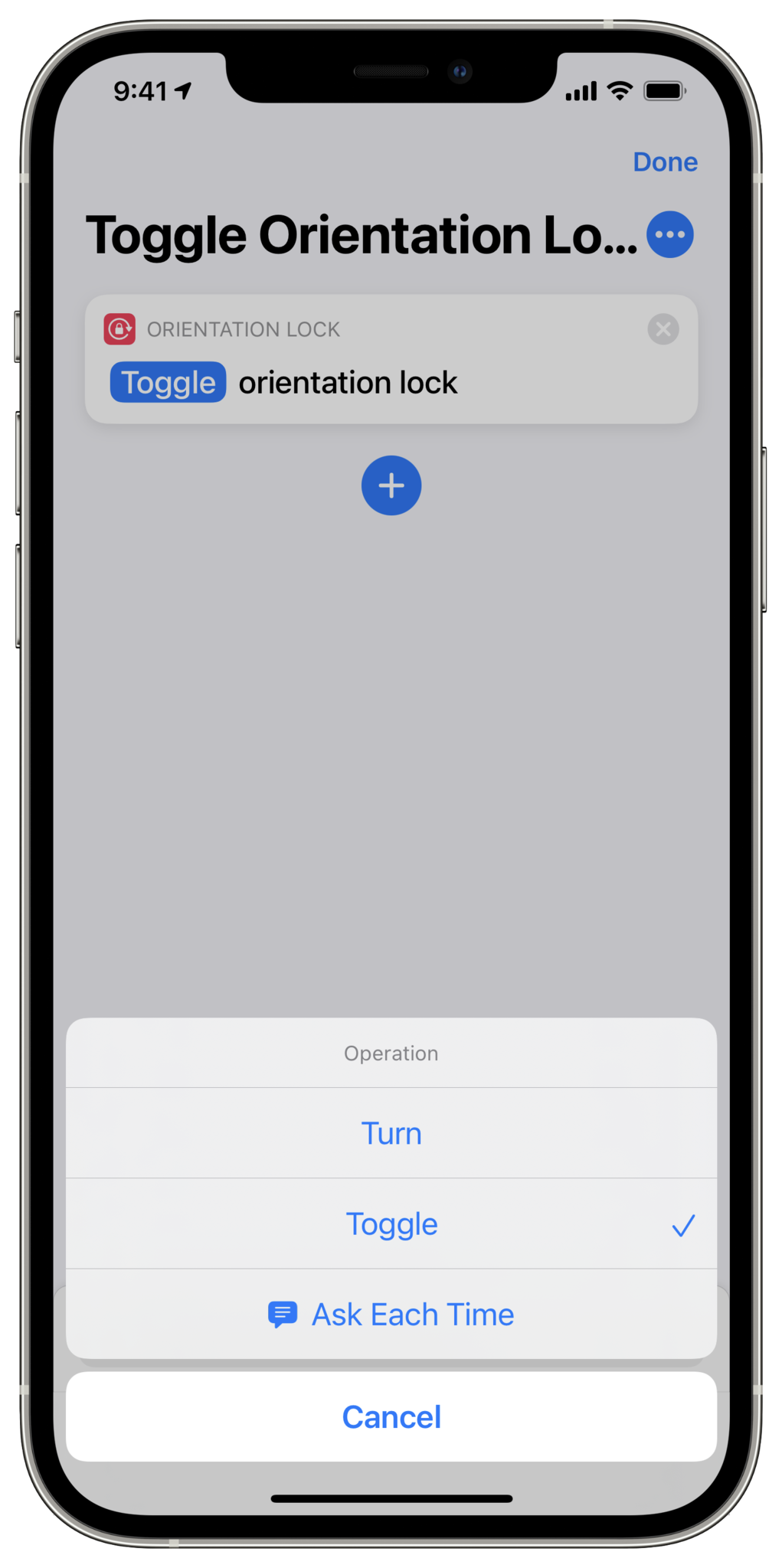 Screenshot showing Orientation Lock action in a shortcut with the Toggle option selected.