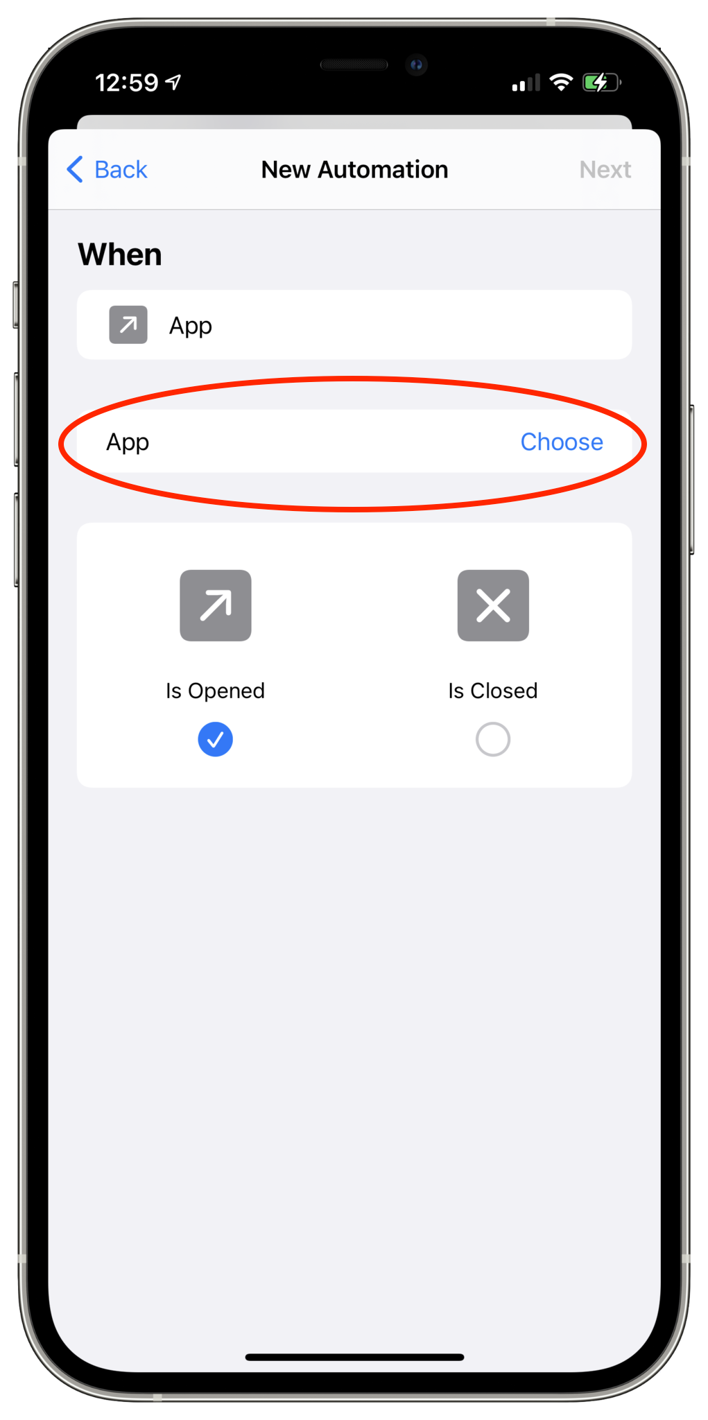 Screenshot showing to tap on Choose Menu in App area.
