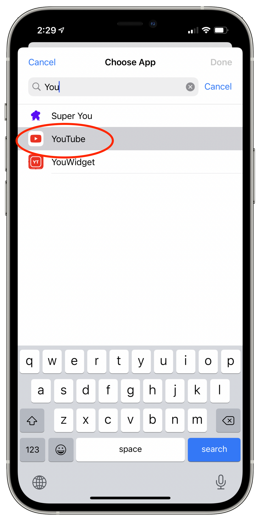 Screenshot showing Choose App menu with YouTube selected