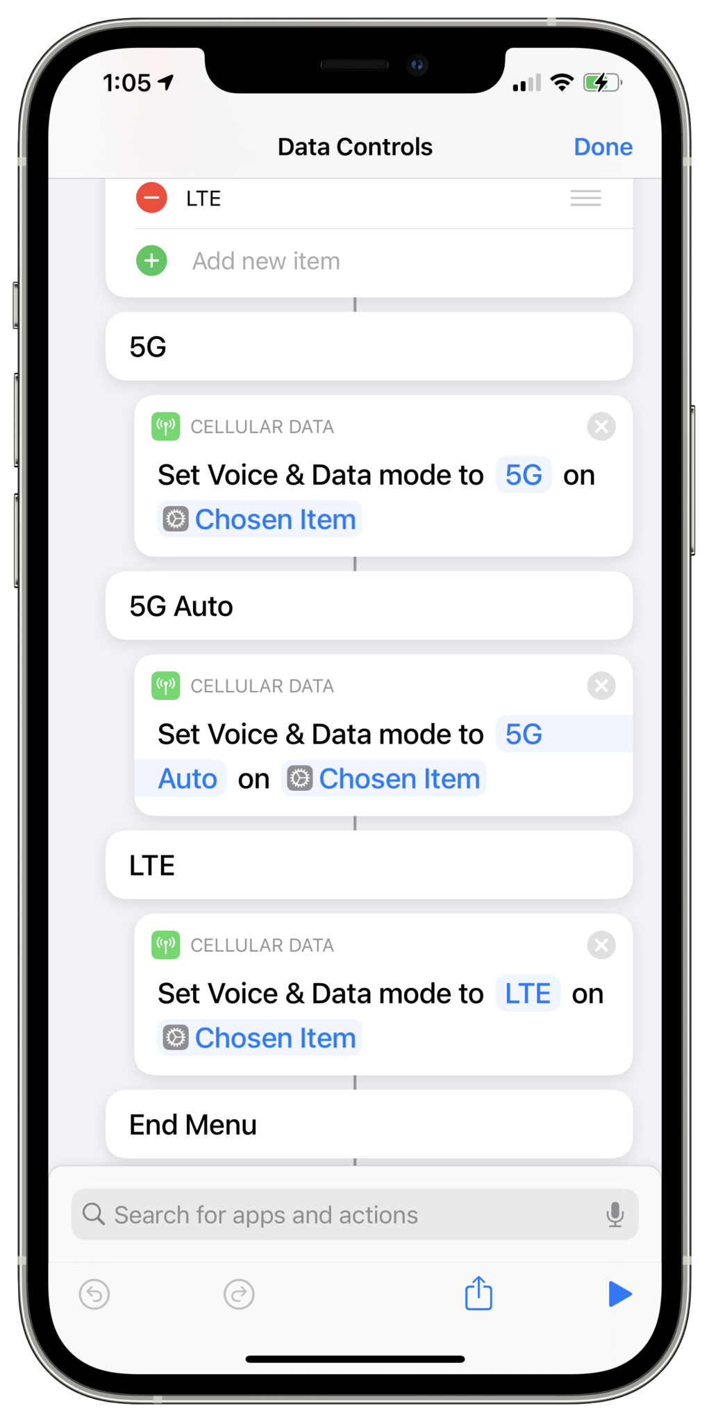 Screenshot showing 5G, 5G Auto, and LTE options in Choose From Menu action in the editor.
