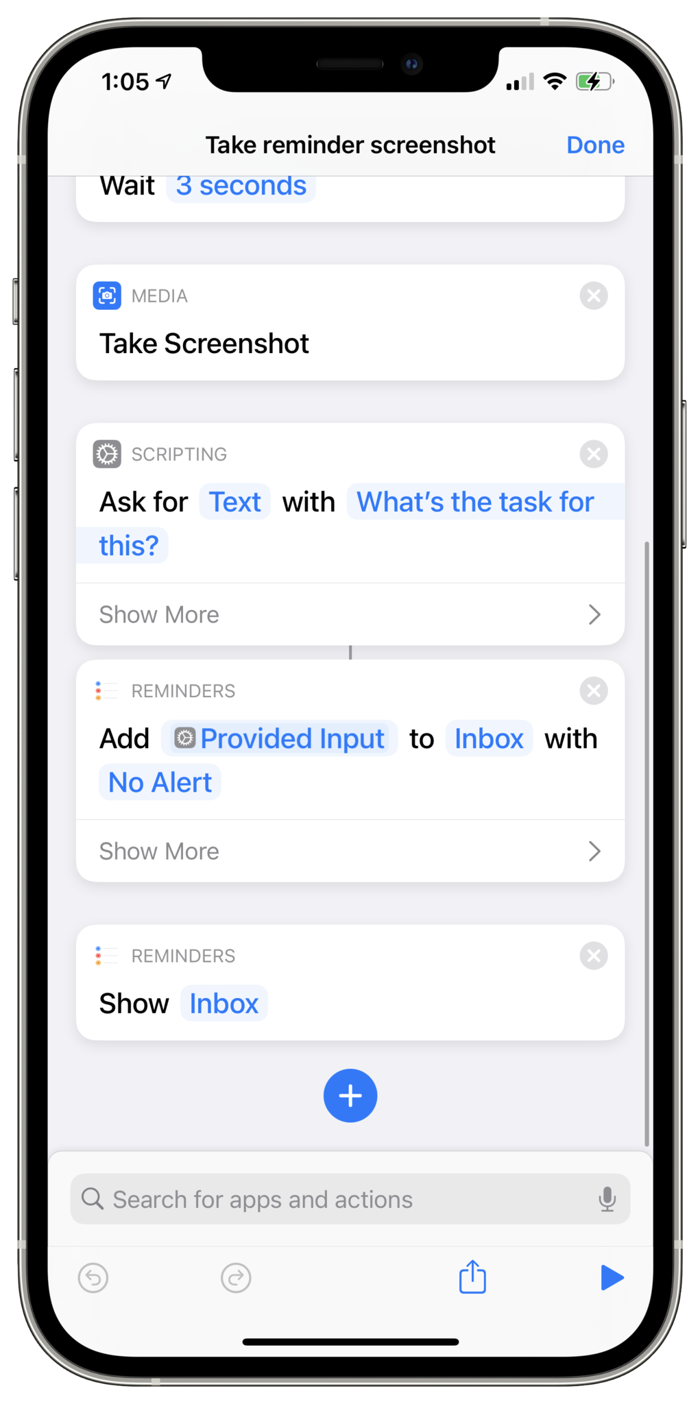 Screenshot showing the same shortcut, scrolled down to reveal Ask for Input, Add New Reminder, and Show Reminder List actions.