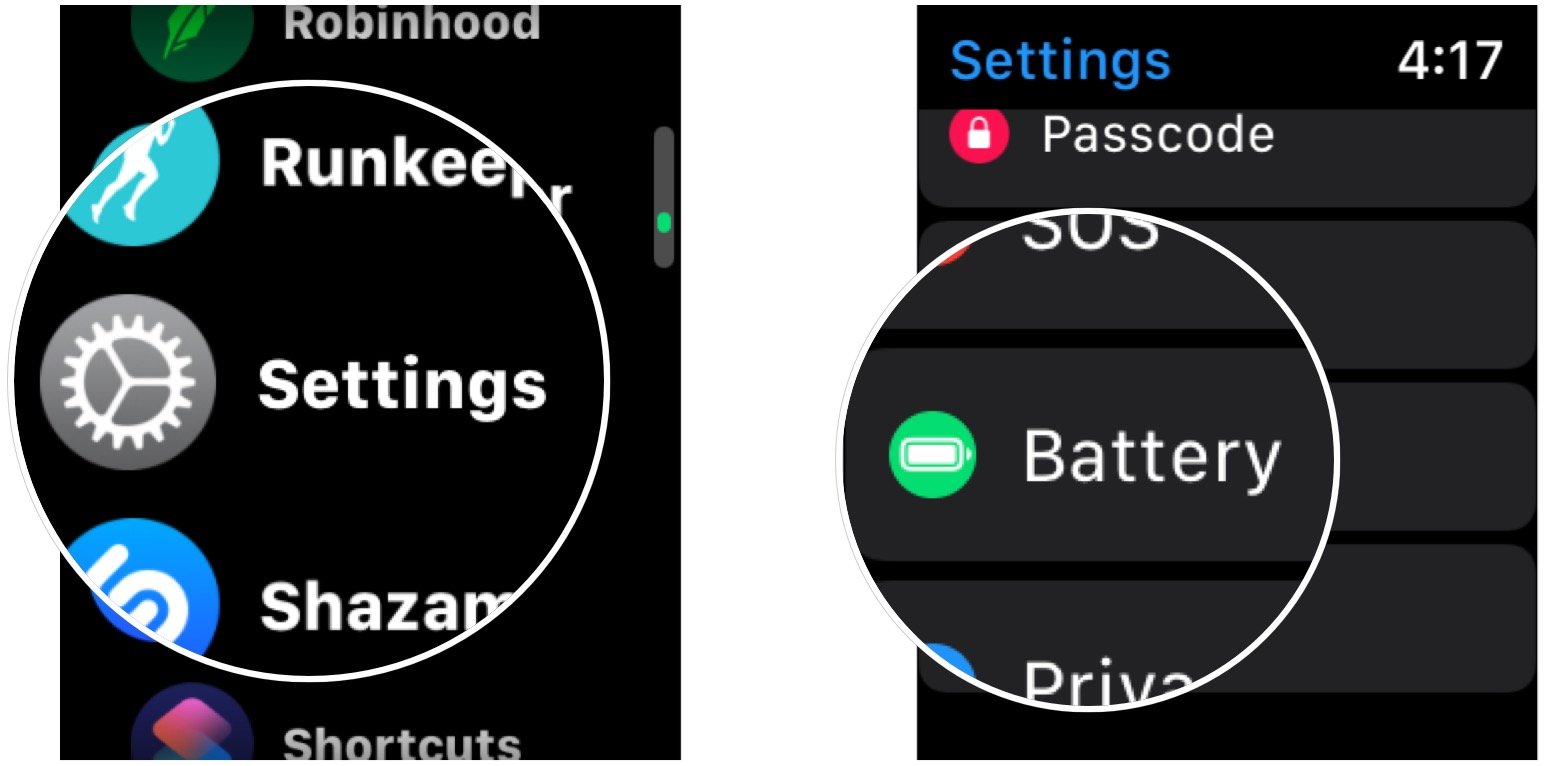 Activez la charge optimisée de la batterie sur Apple Watch, montrant comment ouvrir les paramètres, puis appuyez sur Batterie