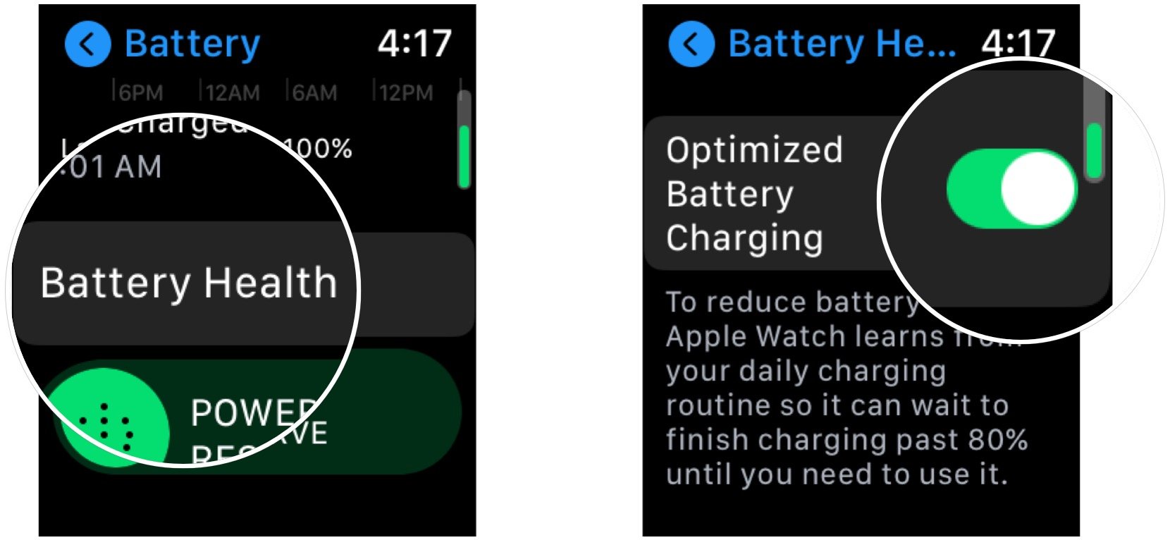 Turn on optimized battery charging on Apple Watch, showing how to tap Battery Health, then tap the switch next to Optimized Battery Charging