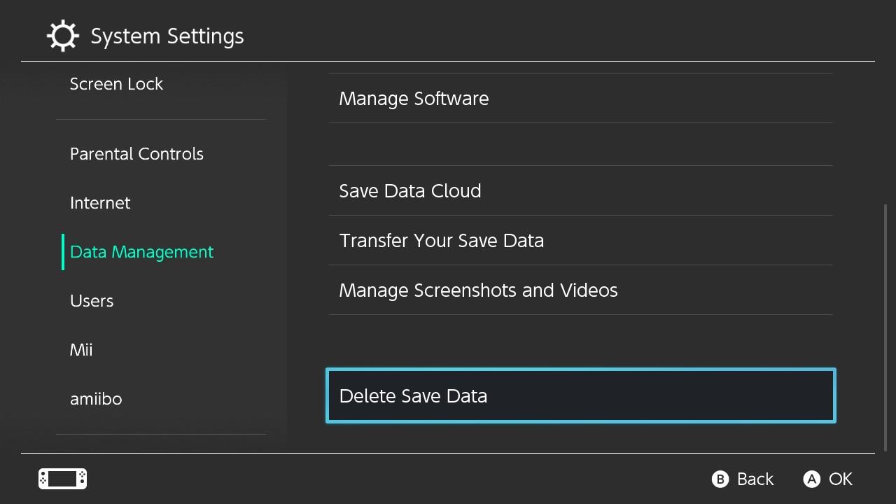 Deleting your Miitopia save data from your Nintendo Switch: On the right side, scroll down to Delete Save Data.