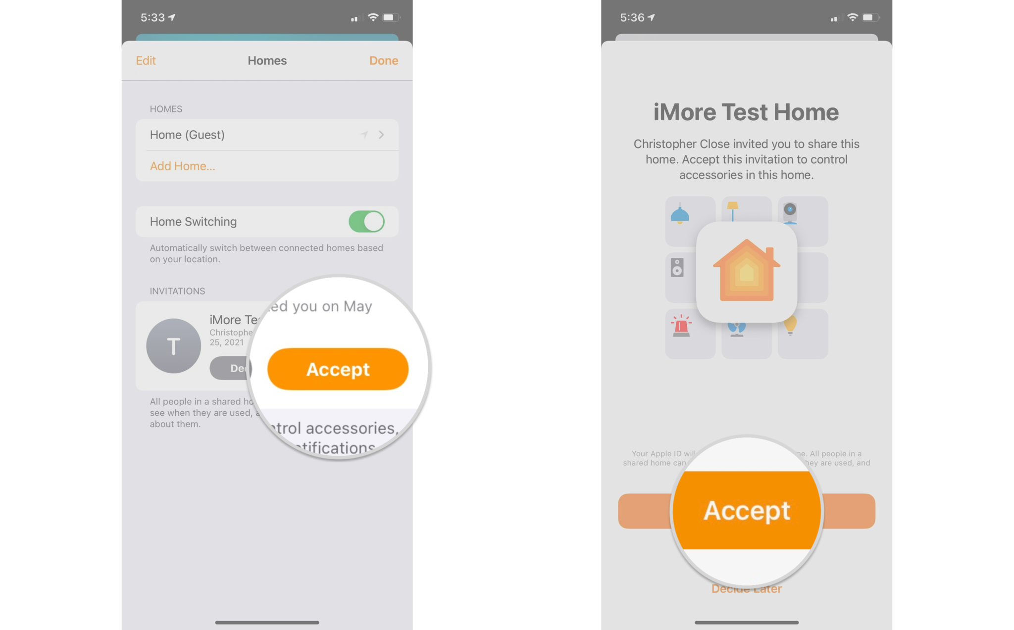 How to accept an invite in the Home app by showing steps on an iPhone: Tap Accept, Tap Accept to join the home